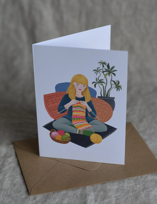 Knitting Girl blond hair Greeting Card