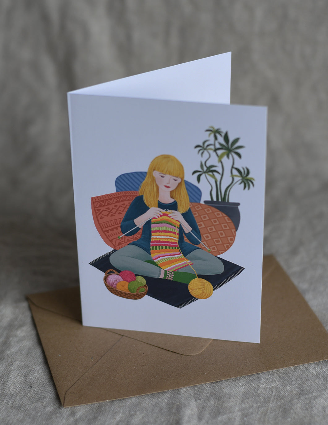Knitting Girl blond hair Greeting Card