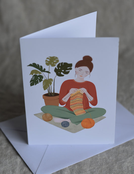 Knitting Girl brown hair Greeting Card