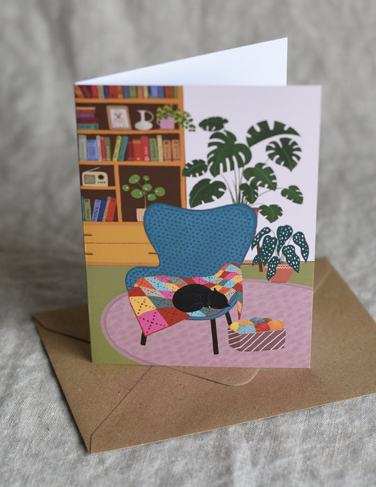 Cat on Crochet Blanket A6 Greeting Card