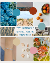 Load image into Gallery viewer, Collage of summer imagery including Cousins Beach inspired photos and pastel tones, representing the hand-dyed mystery yarn preorder box