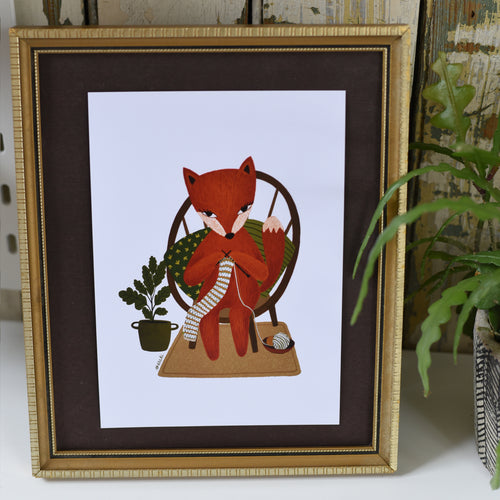 Knitting Fox Art Print A5